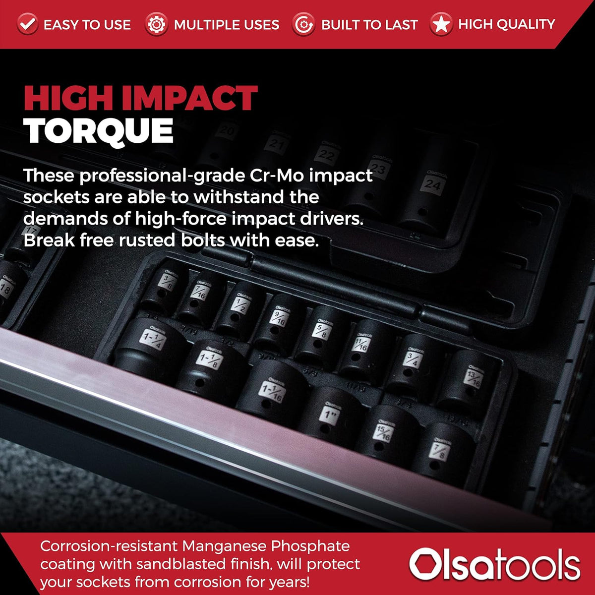 1/2 Drive Cr-Mo Shallow Impact Socket Set, 6-Point SAE, 14pc 3/8 to 1-1/4, Chromium Molybdenum, Premium Storage Case N94293